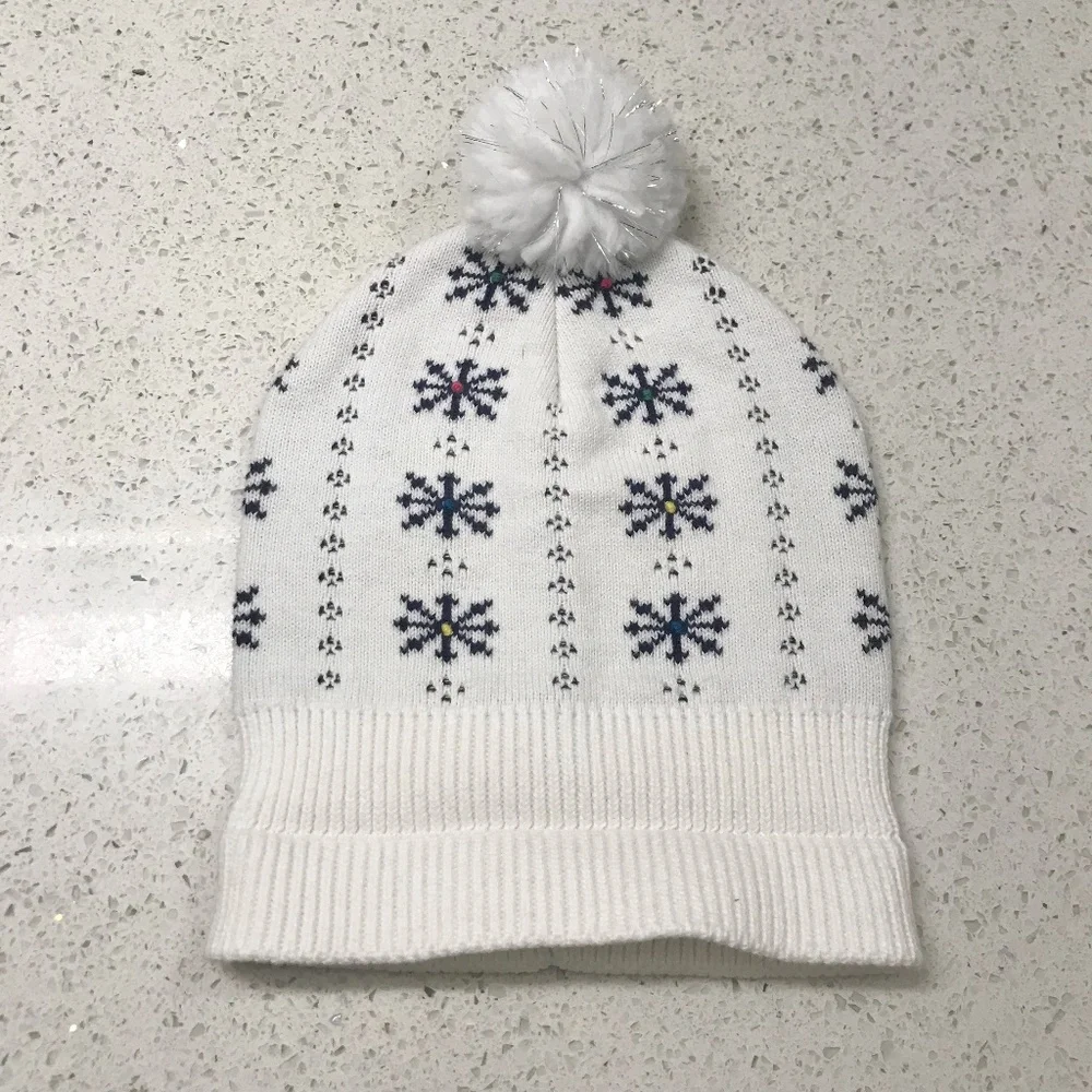 Kids Youth White & Navy Snowflake Pom Pom Beanie With Rainbow Dots